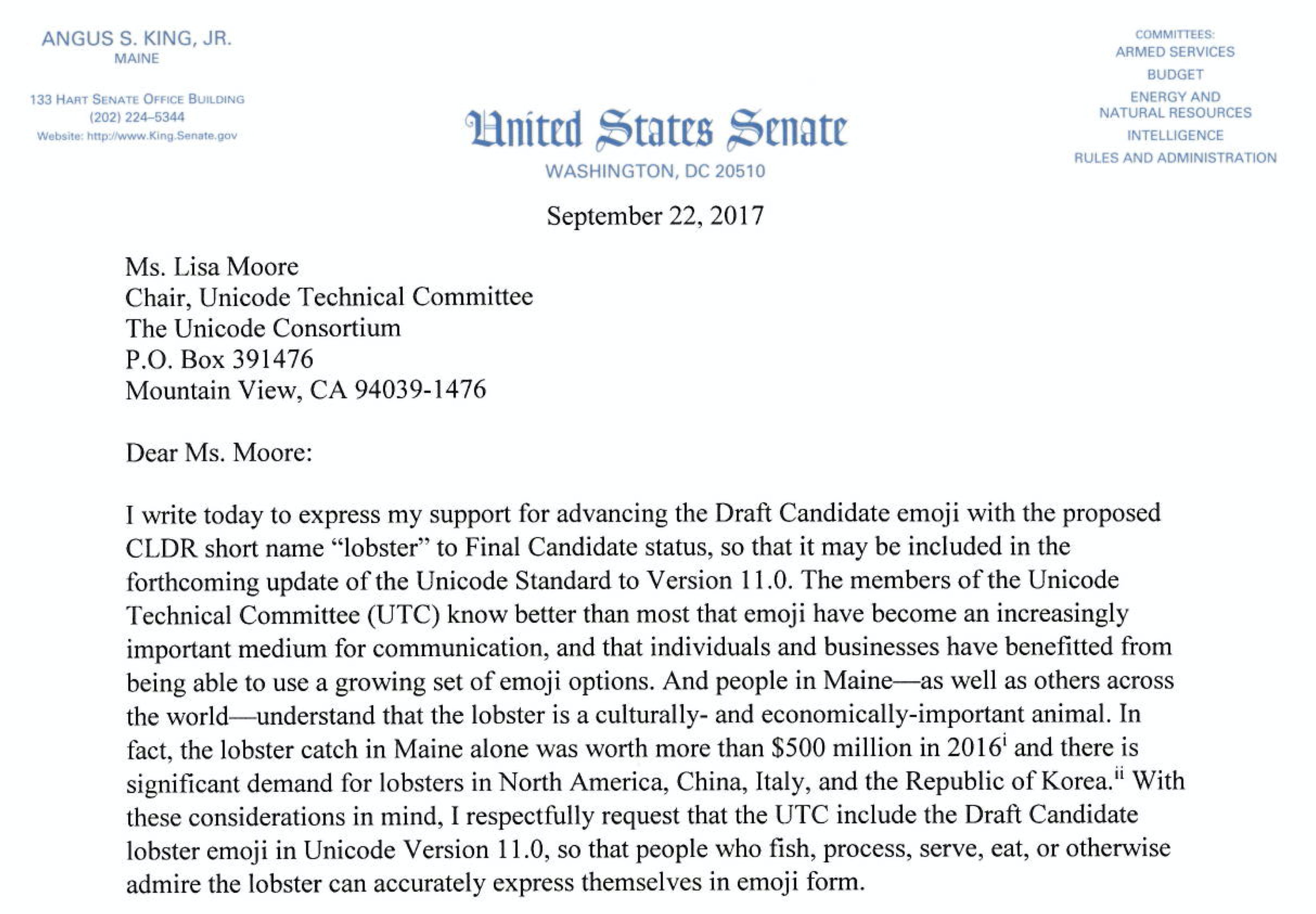 Senator Angus King lobbies Unicode for a lobster emoji