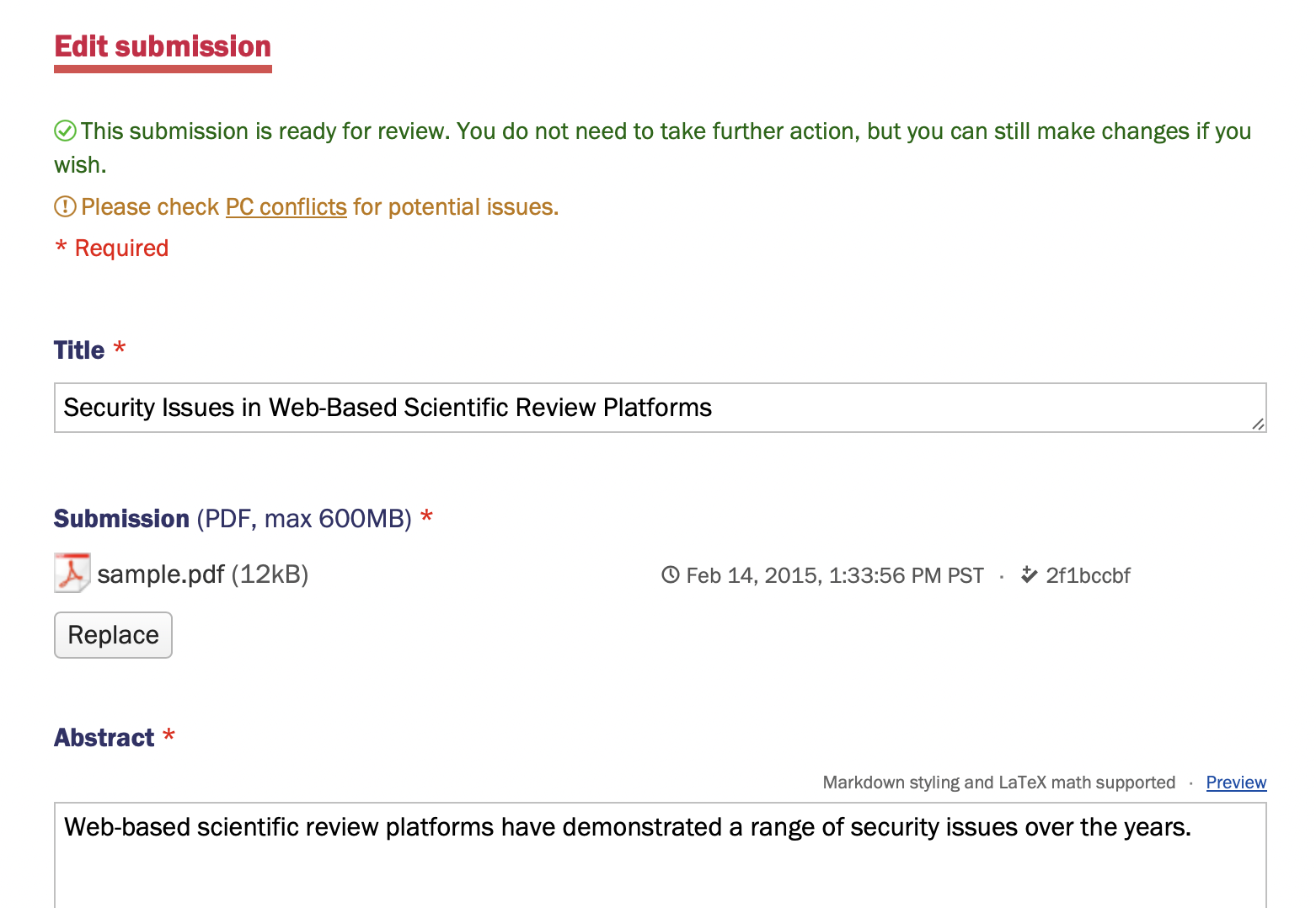 Example submission form
