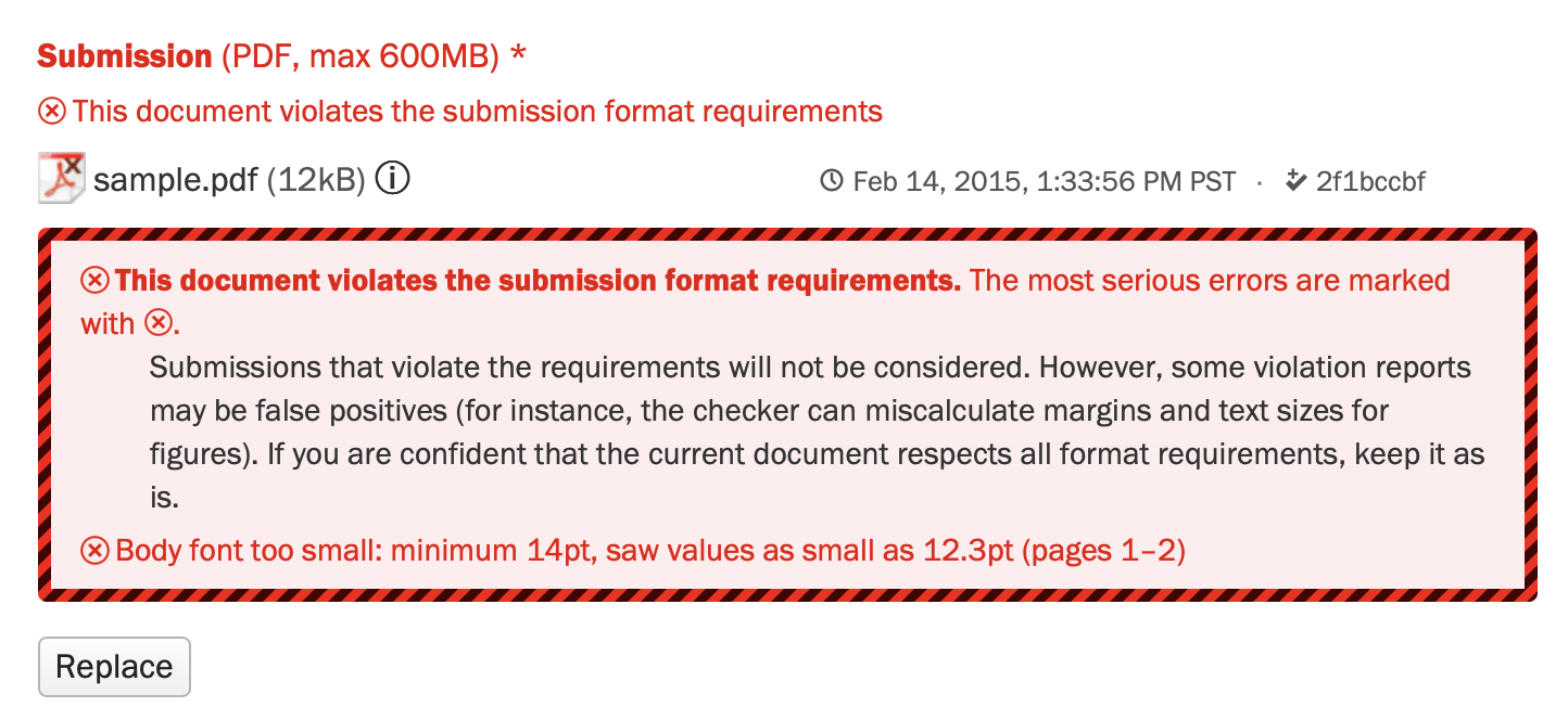 Example submission form with format checking error